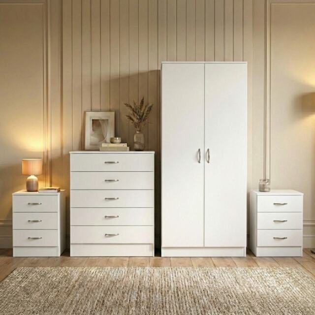 Vida Designs Riano 4 Piece Bedroom Set (2x 3 Drawer Bedside Chest, 5 Drawer Chest, 2 Door Wardrobe) - White