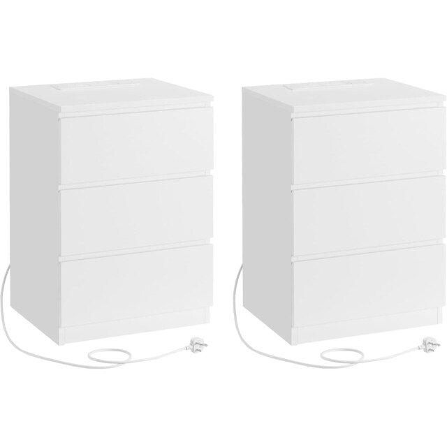 Set of 2 Side Table with Charging Function and Multiple Drawers, Cloud White