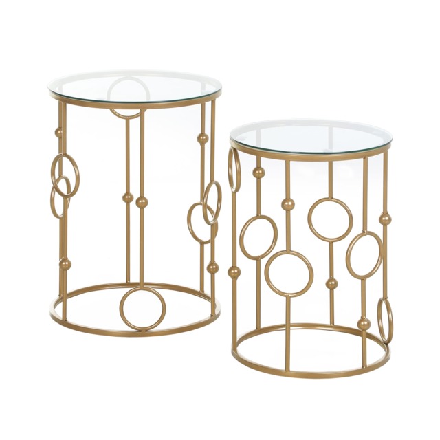 HOMCOM Round Coffee Table Set of 2, Nesting Side End Tables with Tempered Glass Top and Steel Frame for Living Room, Gold Tone Gold