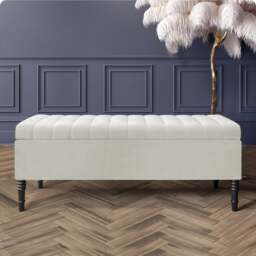 150cm Paris Striped Ottoman Storage Bench- Plush Velvet Shoe Bench - Cream Upholstery Footstool with Storage