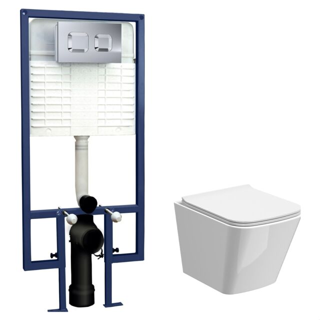 Balterley Hilderstone Contemporary Square Wall Hung Toilet Pan and Seat with Concealed Cistern and Flush Plate with Square Buttons - White/Chrome