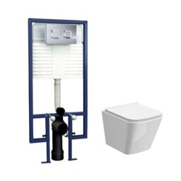 Balterley Hilderstone Contemporary Square Wall Hung Toilet Pan and Seat with Concealed Cistern and Flush Plate with Square Buttons - White/Chrome