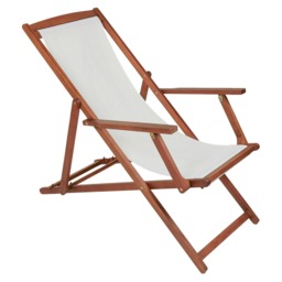 Charles Bentley Folding FSC Eucalyptus Wooden Deck Chair Beach Sun Lounger - Cream