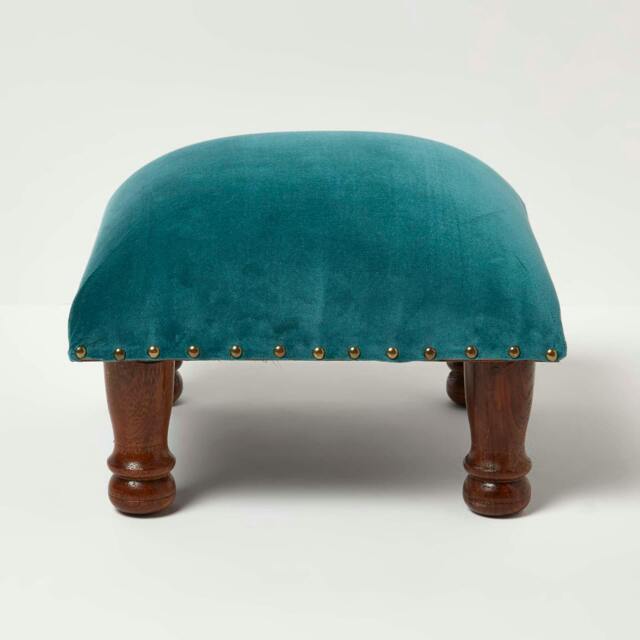 Homescapes Mable Teal Green Velvet Square Footstool