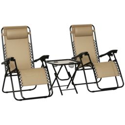 Outsunny 3PC Zero Gravity Chairs Sun Lounger Table Set w/ Cup Holders, Beige Cream