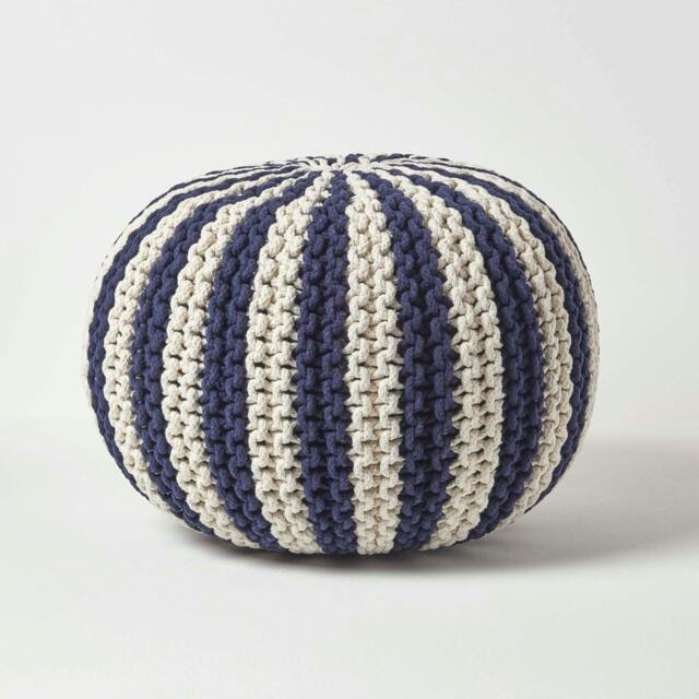 Homescapes Navy and White Knitted Pouffe Striped Footstool - 40 x 50 cm
