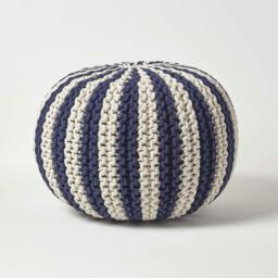 Homescapes Navy and White Knitted Pouffe Striped Footstool - 40 x 50 cm