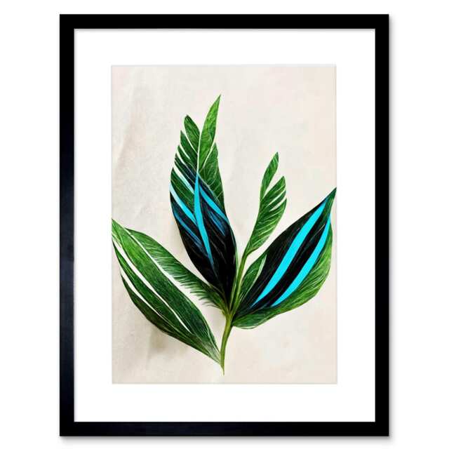Tropical Plant Feathery Leaves Green Turquoise Simple Botanical Framed Wall Art Print