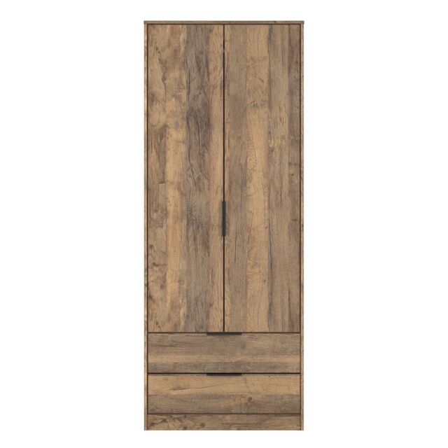 Beijing Tall 2 Drawer Double Wardrobe in Vintage Oak (Ready Assembled) Brown Vintage Oak