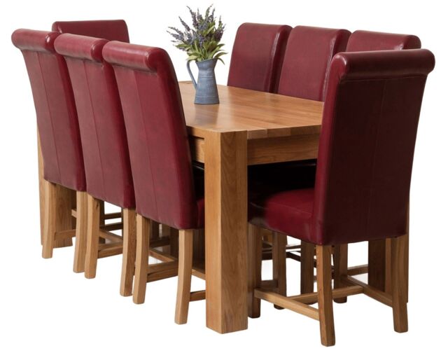 Kuba 180 x 90 cm Chunky Oak Dining Table and 8 Washington Leather Chairs Red Red