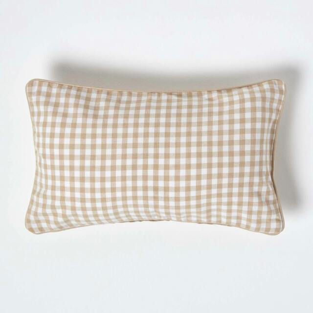 Homescapes Cotton Gingham Check Beige Rectangular Cushion Cover - 30 x 50 cm Cream Beige 30 x 50 cm