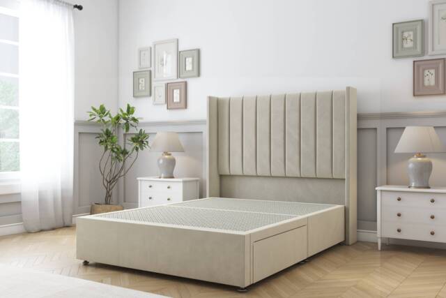 Sloomy Falcon Cream Plush Divan Bed Base No Drawers With 54 Inch Wingback Headboard Cream Cream Super King 1