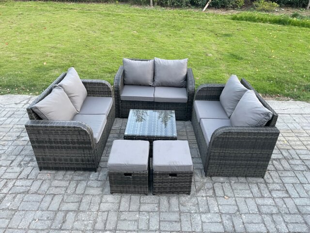 Fimous 8 Seater Outdoor Garden Furniture Sets Wicker Rattan Furniture Sofa Sets with Square Coffee Table Love seat Sofa 2 Small Footstools