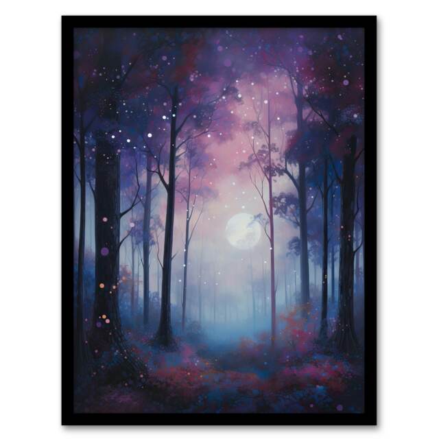 Enchanted Forest Soft Moonlight Oil Full Moon Black Framed Wall Art Print A4