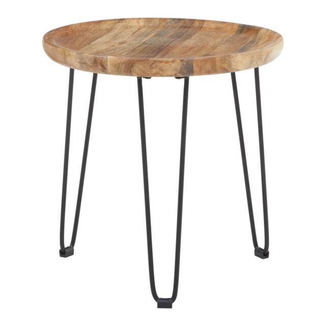 Orsina Natural Mango Wood Small Side Table, Round Wooden Side Table With Black Iron Legs, Modern Rustic Side Table