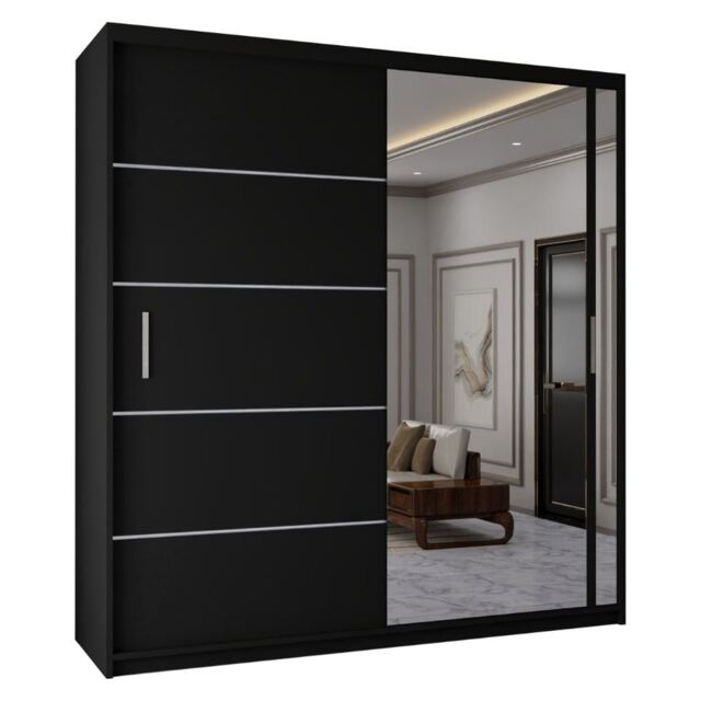 Sliding Wardrobes 4u Modern Sliding Door Wardrobe with Full Mirror 120cm, 150cm, 180cm and 203cm White, Black, Grey & Oak Black 203cm