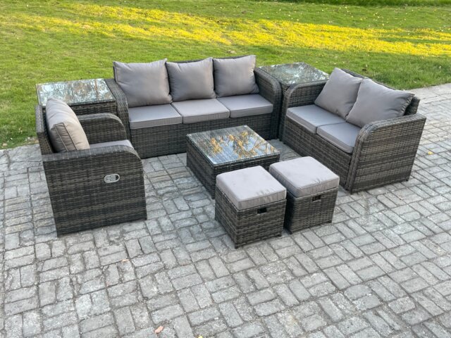 Fimous Indoor Outdoor Rattan Garden Furniture 8 Seater Set Table Sofa Chair Patio Conservatory with Grey Cushions 2 Side Tables 2 Small Footstools