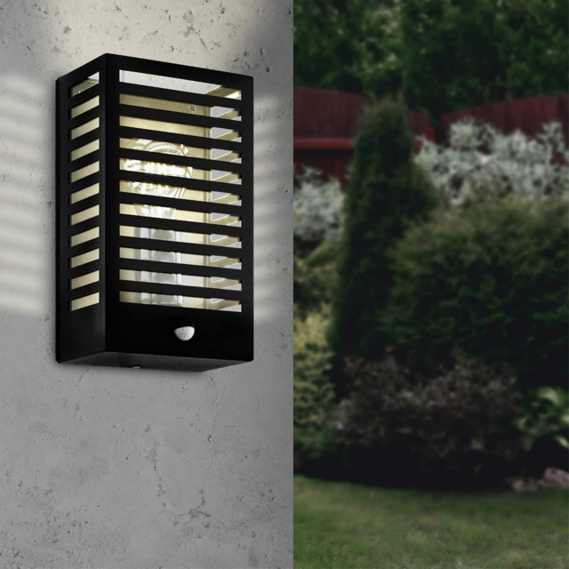 EGLO Alamonte 3 Black Steel Caged Outdoor Wall Light With Motion Sensor