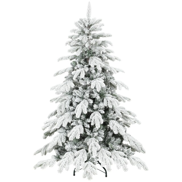 HOMCOM 5ft Artificial Christmas Tree, Snow Flocked Christmas Tree with Realistic Dense Branches, Hinged Design, Metal Stand, Wide Shape, Easy Assembly, Xmas Home Decoration, Green White Green Green