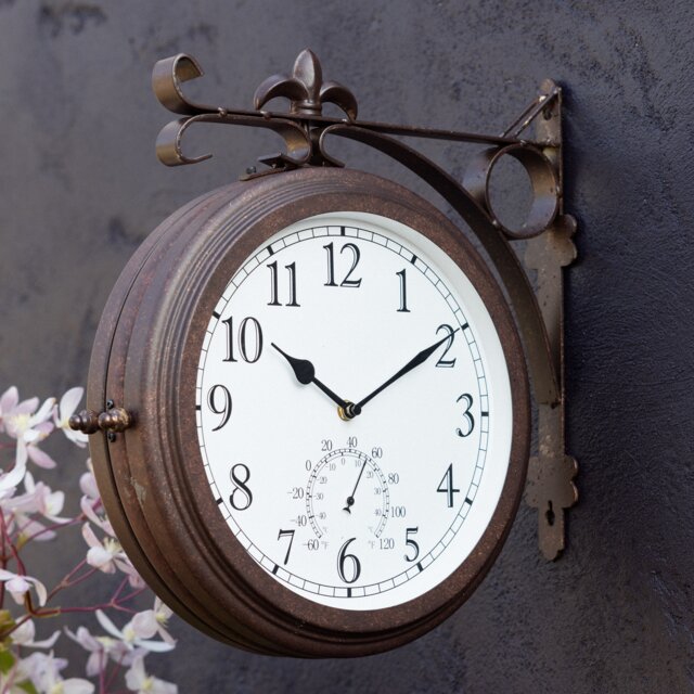 Outdoor Garden Station Clock With Thermometer Antique Bronze Double Sided 41cm
