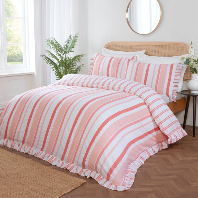Maya Stripe Polycotton Reversible Duvet Cover Set with Pillowcase Pink Single