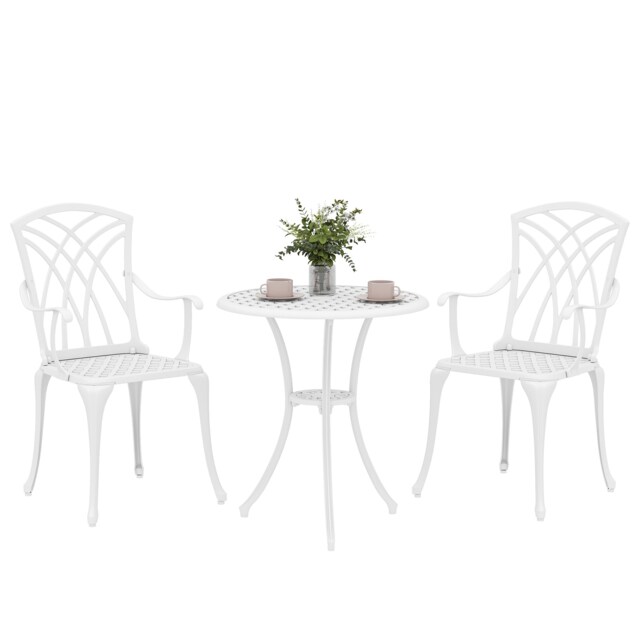 Outsunny 3 PCs Garden Bistro Set Outdoor Garden Furniture Set w/ Umbrella Hole White White Compact