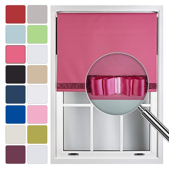 FURNISHED Blackout Roller Blind with Fuchsia Glitter Trim and Fuchsia Bow Cut to Size Pink Fuchsia (W) 120cm x (L) 165cm
