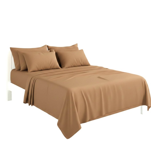 Plain Poly Cotton Easy Care Fitted Flat Sheet Matching Pillowcases Set Brown Single