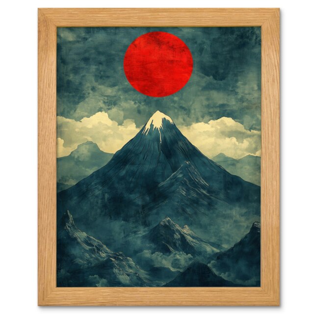 Japan Alps Red Sun Mountain Range Landscape Wood Framed Wall Art Print