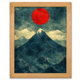 Japan Alps Red Sun Mountain Range Landscape Wood Framed Wall Art Print