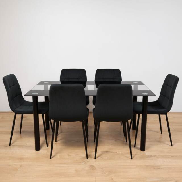 Black Glass Dining Table Set With 6 Black Velvet Chairs For Dining Room And Kitchen Furniture