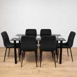 Black Glass Dining Table Set With 6 Black Velvet Chairs For Dining Room And Kitchen Furniture