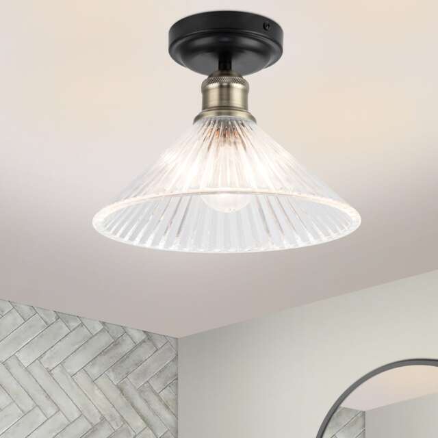COSYLYTE Bowley Bathroom Light Classic Ribbed Glass Ceiling Flush Light - Matt Black Gold 1