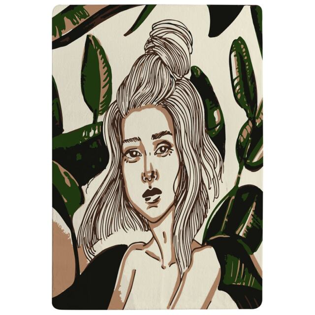 Young Woman In Tropical Leaves Designer Rug Multi