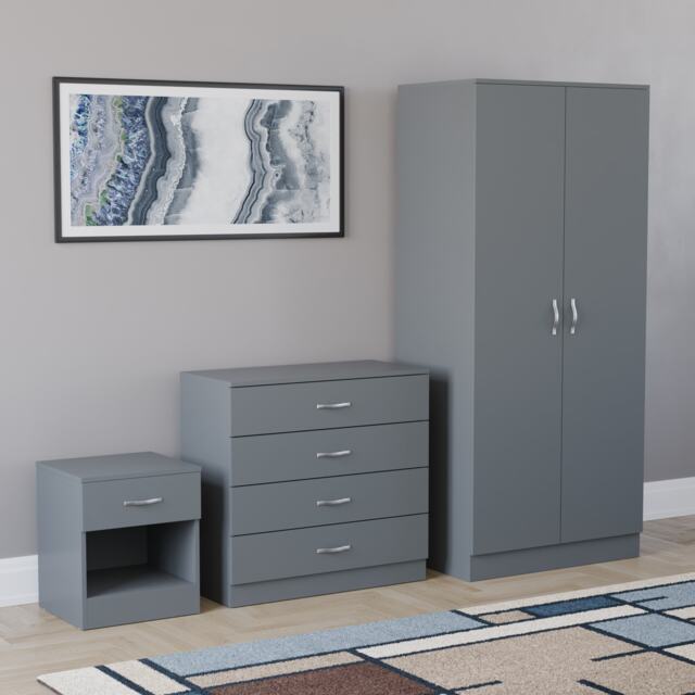 Vida Designs Riano 3 Piece Bedroom Set (1 Drawer Bedside Chest, 4 Drawer Chest, 2 Door Wardrobe), Grey
