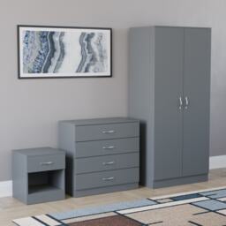 Vida Designs Riano 3 Piece Bedroom Set (1 Drawer Bedside Chest, 4 Drawer Chest, 2 Door Wardrobe), Grey