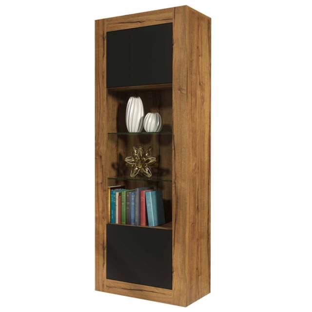 Display Cabinet Bookcase Bookshelf Storage Cabinet Glass Display Unit Oak Black 170cm
