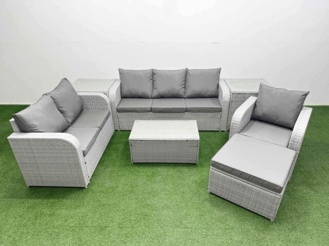 Fimous Patio PE Wicker 7 Seater Outdoor Rattan Furniture Sofa Sets with Rectangular Coffee Table Reclining Chair Loveseat Sofa 3 Seater Sofa Big Footstool 2 Side Tables Light Grey