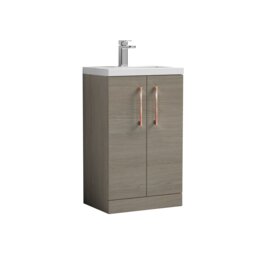 Balterley Level Compact Bathroom Cloakroom Vanity Basin Unit with Ceramic Basin, Handles, Mid Oak Brown Grey Vicenza Oak 840 x 510 x 360mm