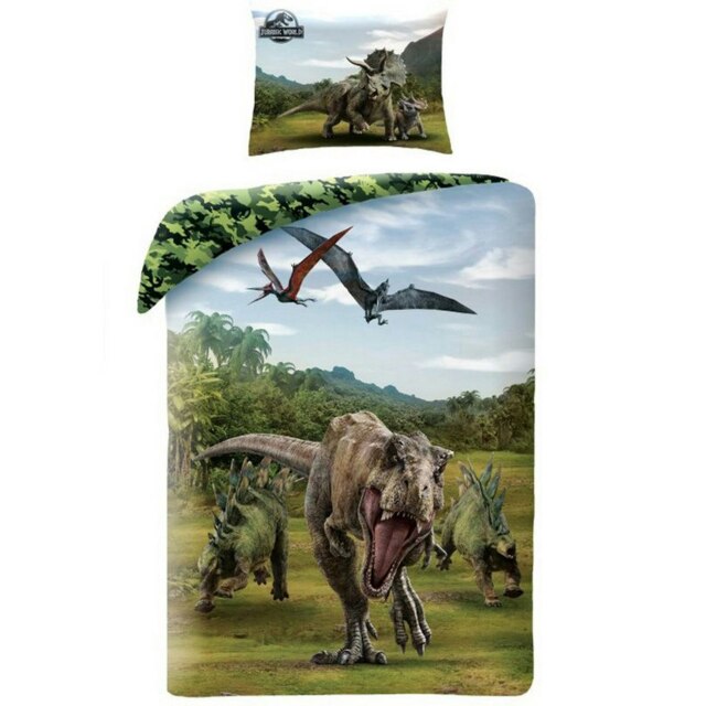 Jurassic World Cotton Duvet Cover Set - Green/Blue/Black - Single Green Single