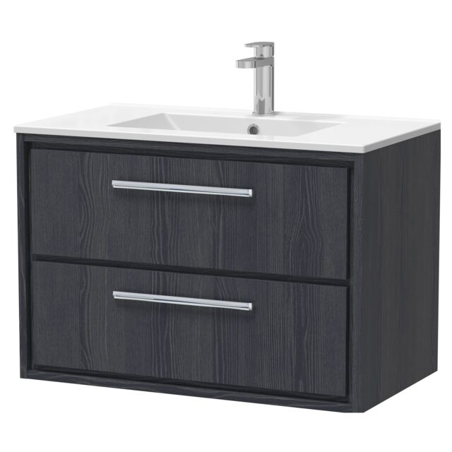 Balterley Longnor 2 Drawer Wall Hung Vanity Unit with 1 Tap Hole Minimalist Basin, Woodgrain Graphite Grey, 800mm