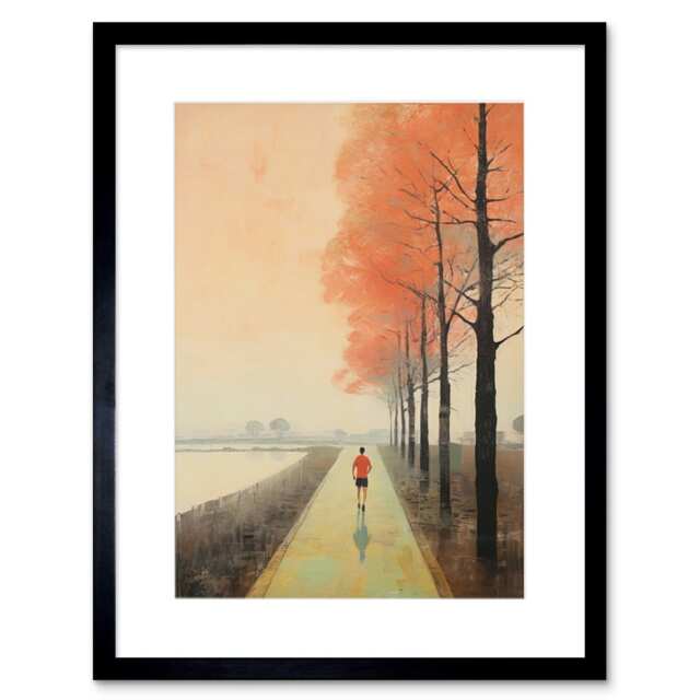 "Early Morning Jogging Pastel Jogger Lakeside 9x7"" Black Framed Wall Art Print"