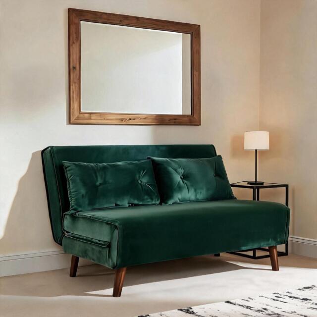 Double Sofa Bed Folding Chair Velvet Green Wooden Legs Two Pillow Home Furniture