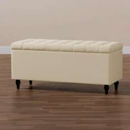 90cm Cubed Ottoman Storage Box,Cream Velvet Upholstered Chesterfield Storage Ottoman Box with Wooden Legs