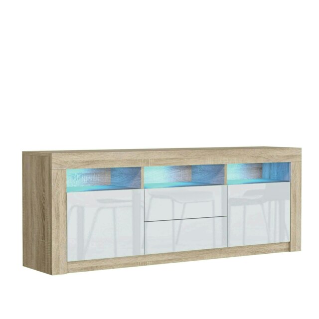 TV Unit 160cm White Gloss Doors & Drawers Oak Matt Body With LED Multi Oak One Size 1
