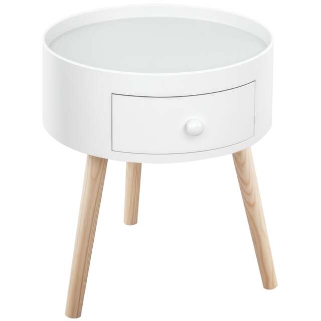 HOMCOM Modern Side Table, Small Coffee Table, Round Bedside Table with Drawer and Wood Legs for Living Room, Bedroom, White White