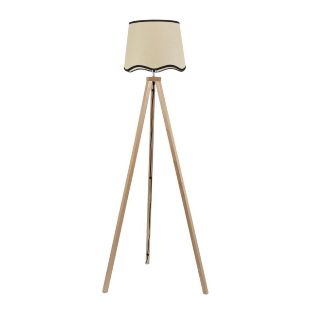 ValueLights Barbro Light Wood Tripod Floor Lamp Black Trim Scallop Shade and Bulb