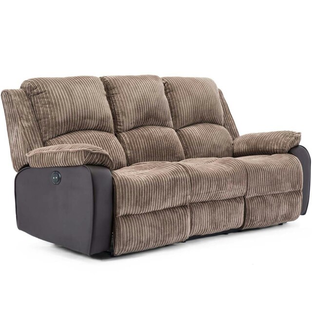 Postana 3 Seater Electric High Back Jumbo Cord Fabric Recliner Sofa (Brown)