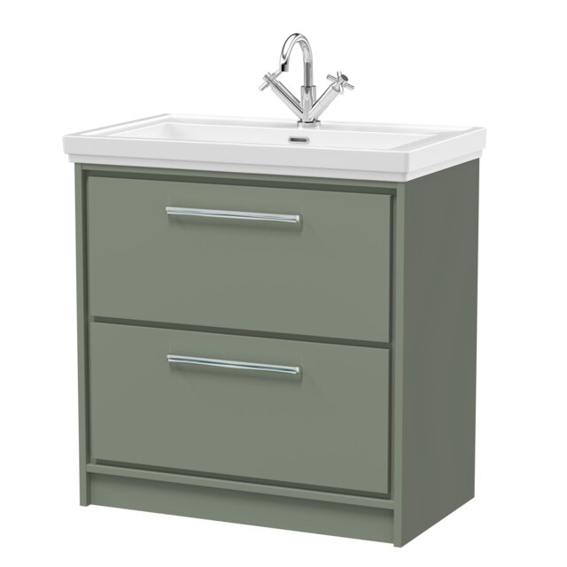 "Balterley Modern Bathroom Floor Standing 2-Drawer Vanity Unit with Fireclay Basin - ""Vanity Basin Units"", 1 Tap Hole Green Reed Green 1"