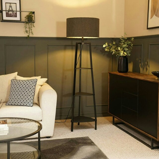 ValueLights Hiru Grey 3 Tier Shelf Floor Lamp Cream Shade & Bulb Cream Grey
